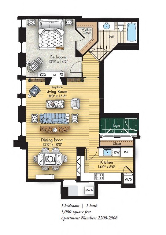Floor plan for 1 bed, 1 bath, 1000 sqft